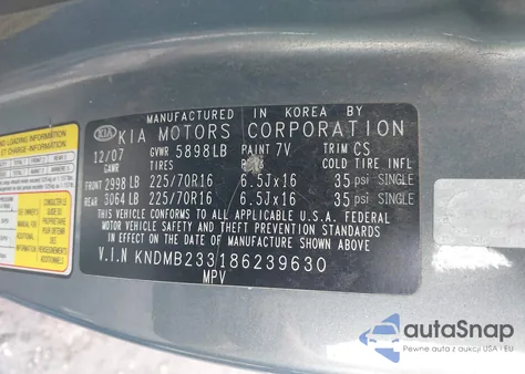 2008 Kia Sedona Lx from USA, damaged, VIN KNDMB233186239630